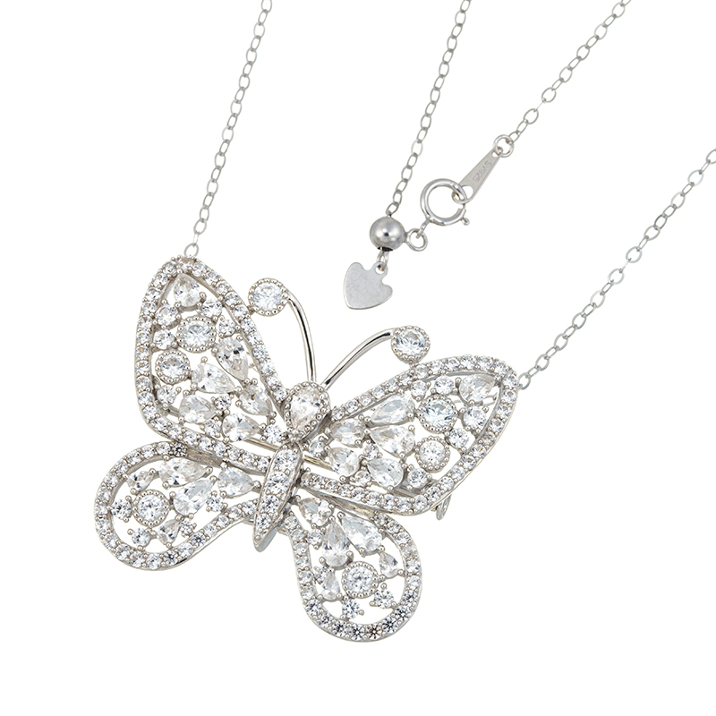 パラジウムシルバー950天然ホワイトジルコンElegantButterflyブローチネックレス